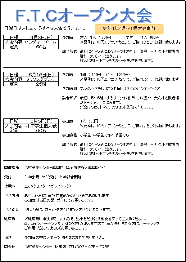 日曜　F.T.Cオープン大会の案内です！